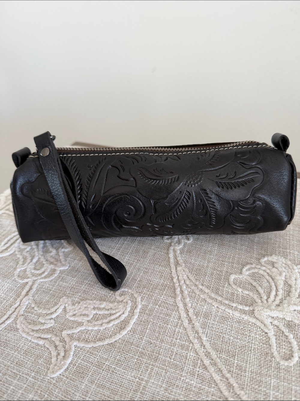 Patricia Nash Black Tooled Leather Wristlet with Brown Fabric